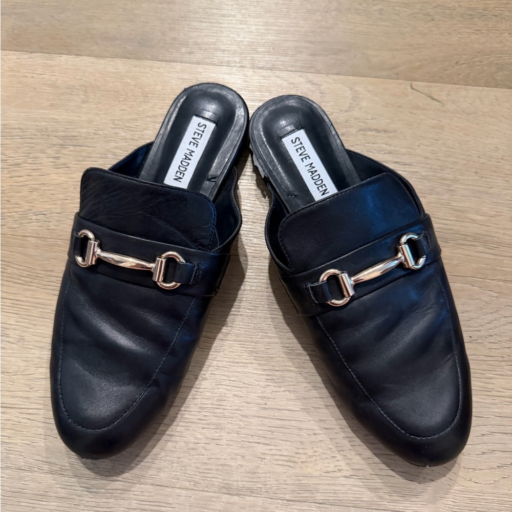 Steve Madden Black Leather Slip-On Mules with Gold Bit Size 8